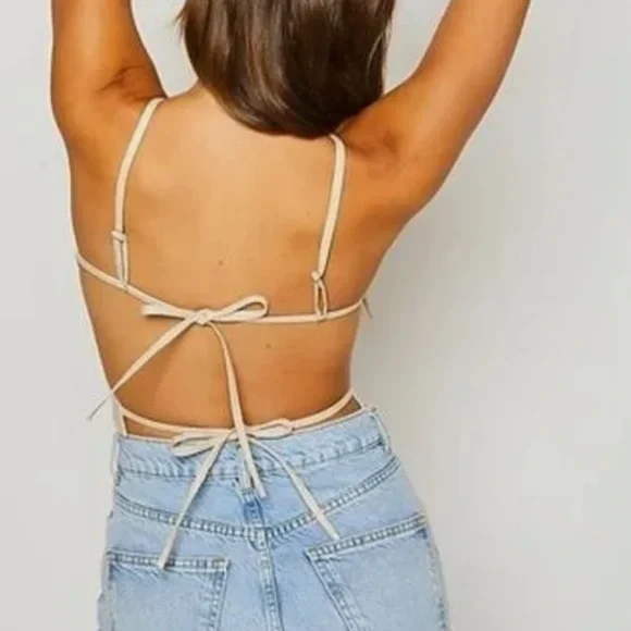 Faux Leather Cream Backless Strappy Top - Picture 3 of 6